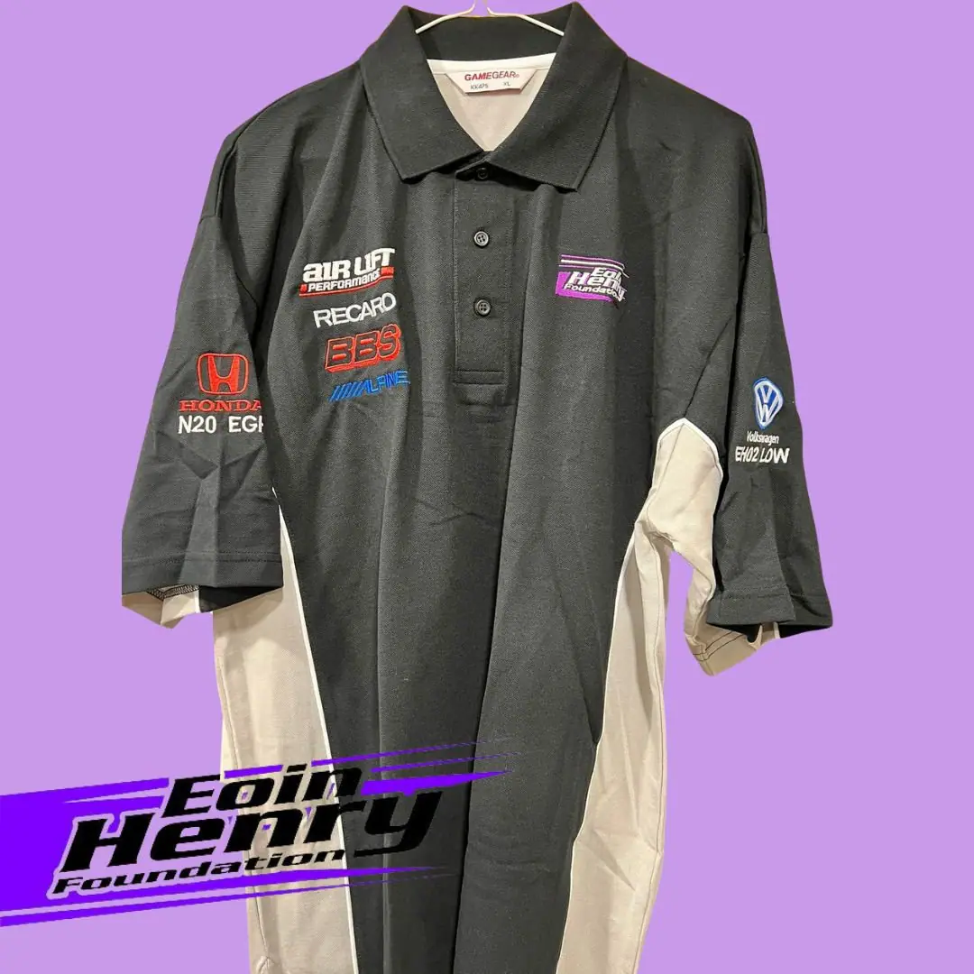 Two-tone race polo shirt with embroidered logos, Eoin Henry Foundation merchandise