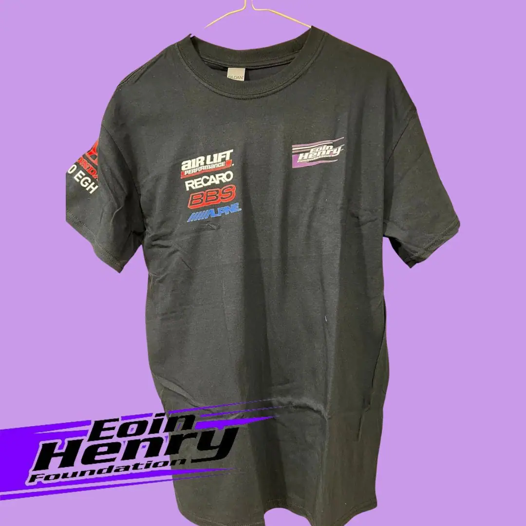 Black T-shirt with logos, Eoin Henry Foundation merchandise
